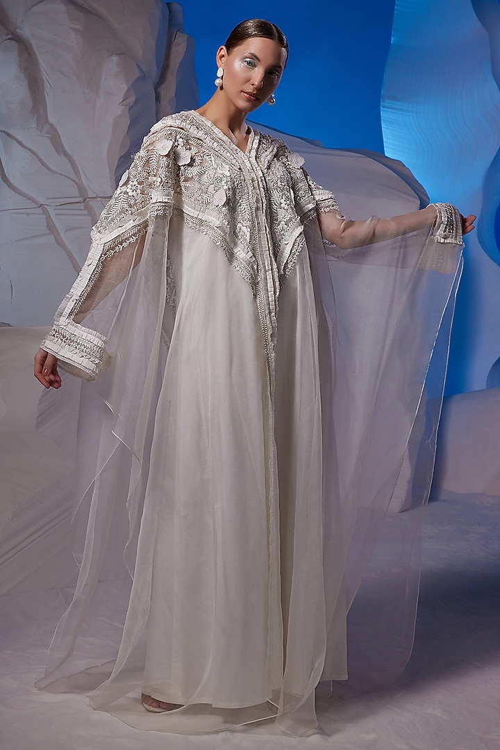 Ivory Cotton Silk & Organza Kaftan by Samant Chauhan at Pernia's Pop Up Shop
