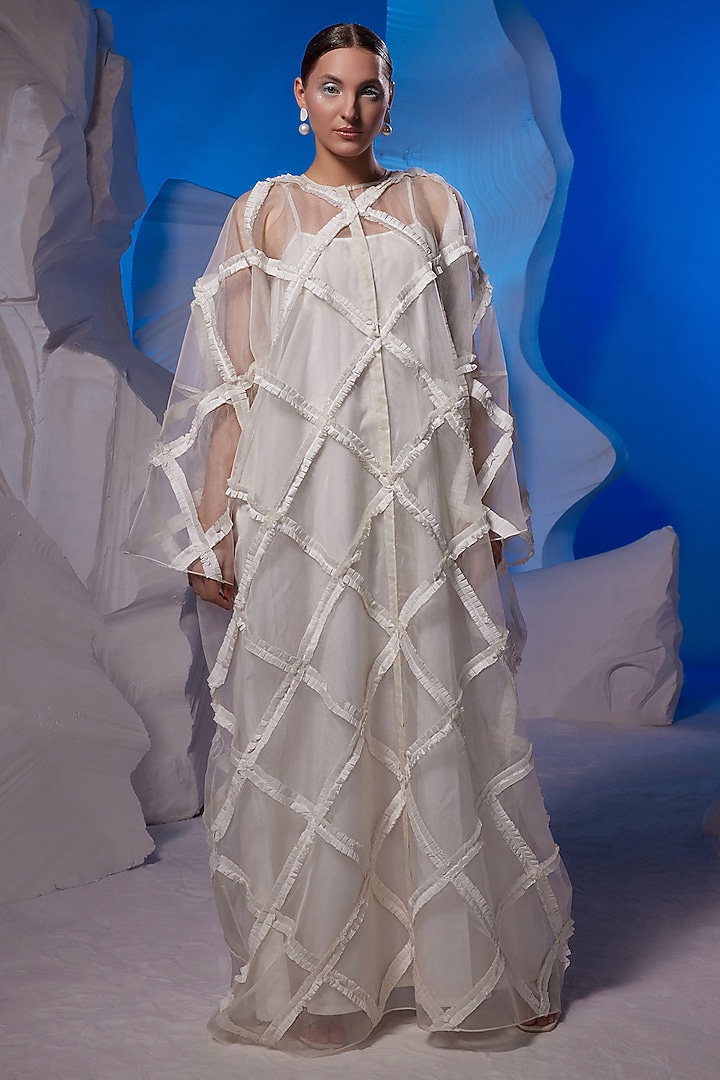 Ivory Cotton Silk & Organza Kaftan by Samant Chauhan at Pernia's Pop Up Shop