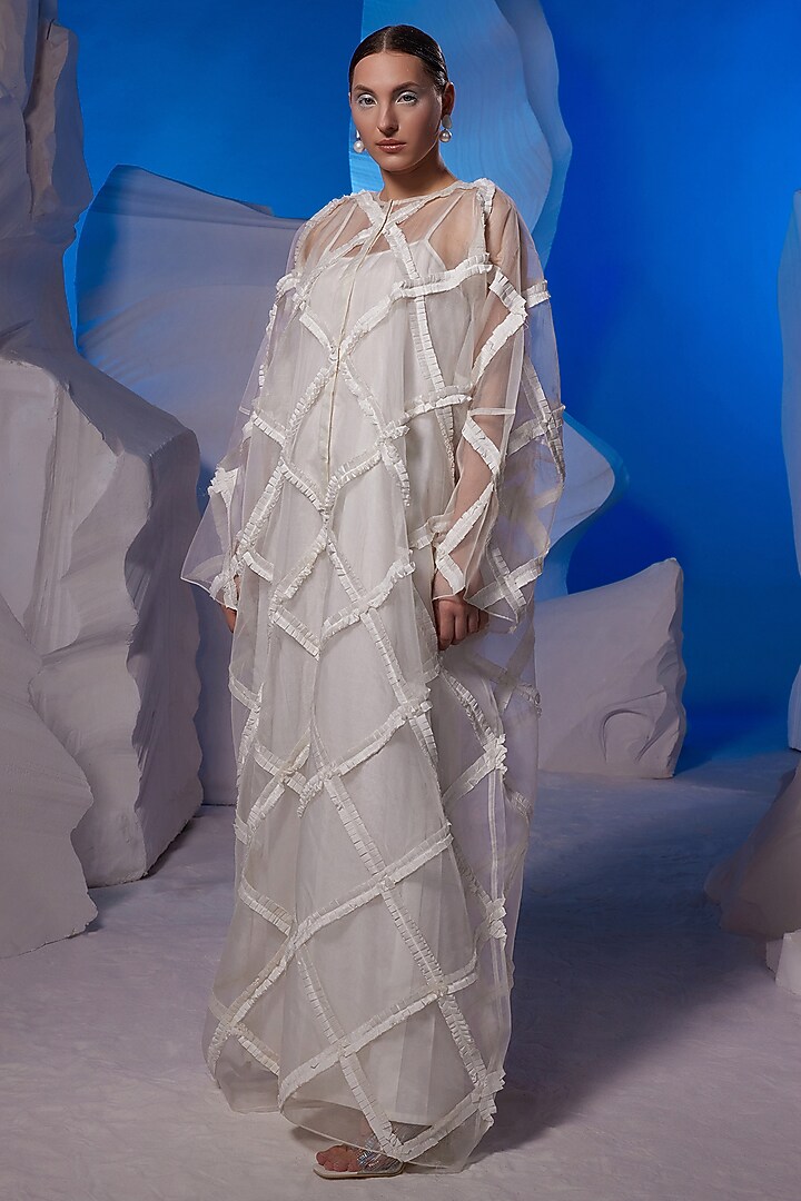 Ivory Cotton Silk & Organza Kaftan by Samant Chauhan at Pernia's Pop Up Shop