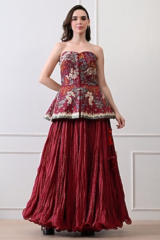 Maroon Net Skirt Set by Samant Chauhan