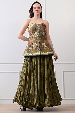 Olive Green Net Skirt Set by Samant Chauhan