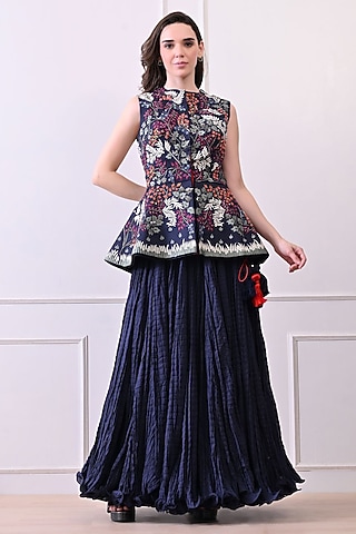 Blue Organza Silk Thread Work Peplum Jacket Set by Samant Chauhan