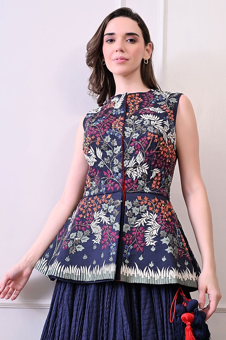Blue Organza Silk Thread Work Peplum Jacket Set by Samant Chauhan at Pernia's Pop Up Shop