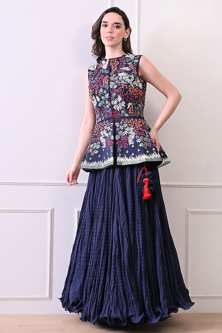 Blue Organza Silk Thread Work Peplum Jacket Set by Samant Chauhan at Pernia's Pop Up Shop