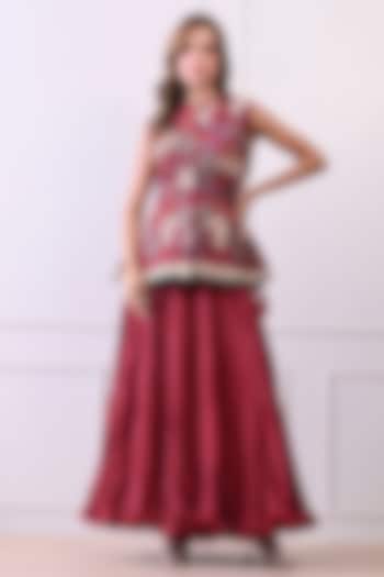 Maroon Organza Silk Thread Work Peplum Jacket Set by Samant Chauhan at Pernia's Pop Up Shop