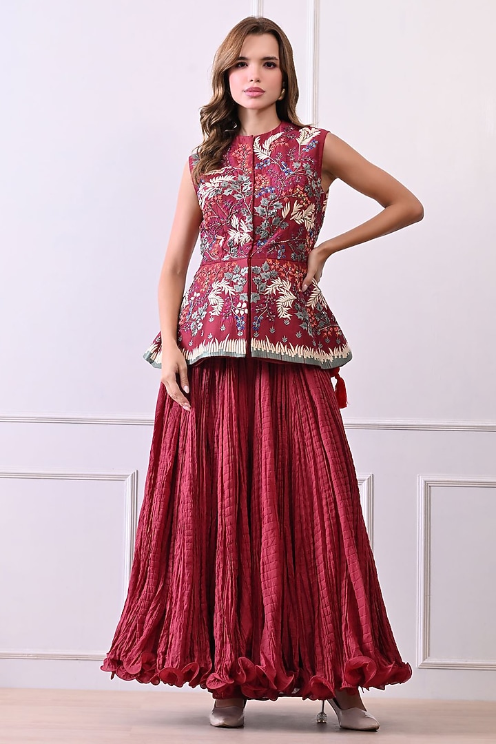 Maroon Organza Silk Thread Work Peplum Jacket Set by Samant Chauhan at Pernia's Pop Up Shop
