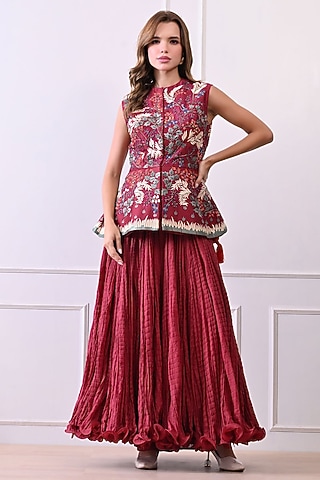 Maroon Organza Silk Thread Work Peplum Jacket Set by Samant Chauhan