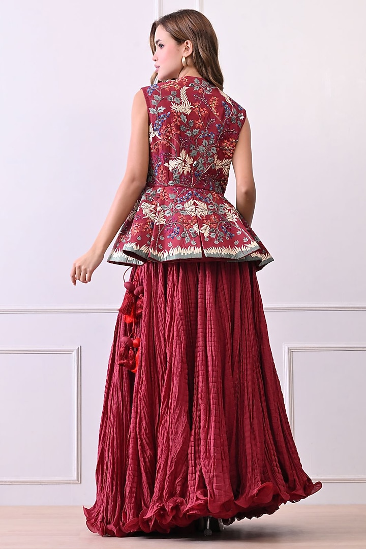Maroon Organza Silk Thread Work Peplum Jacket Set by Samant Chauhan at Pernia's Pop Up Shop