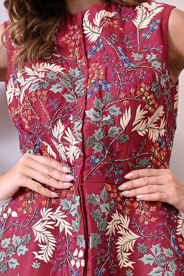 Maroon Organza Silk Thread Work Peplum Jacket Set by Samant Chauhan at Pernia's Pop Up Shop