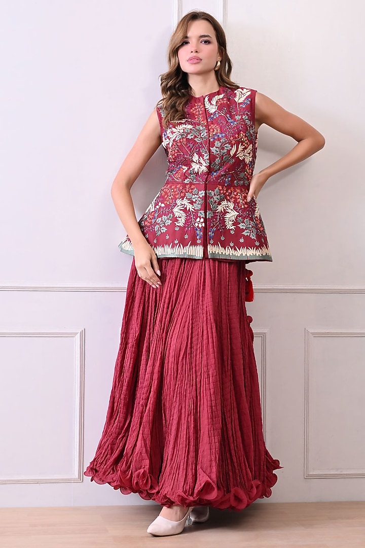 Maroon Organza Silk Thread Work Peplum Jacket Set by Samant Chauhan at Pernia's Pop Up Shop