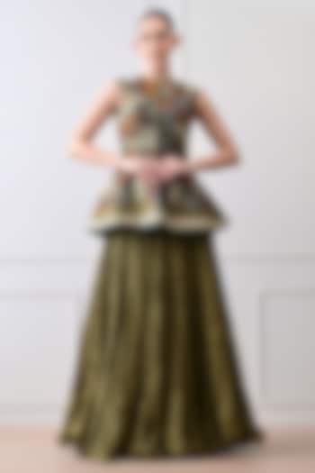 Olive Green Organza Silk Thread Work Peplum Jacket Set by Samant Chauhan at Pernia's Pop Up Shop