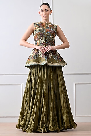 Olive Green Organza Silk Thread Work Peplum Jacket Set by Samant Chauhan
