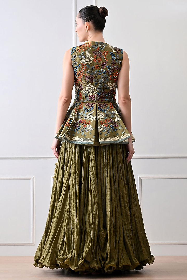 Olive Green Organza Silk Thread Work Peplum Jacket Set by Samant Chauhan at Pernia's Pop Up Shop