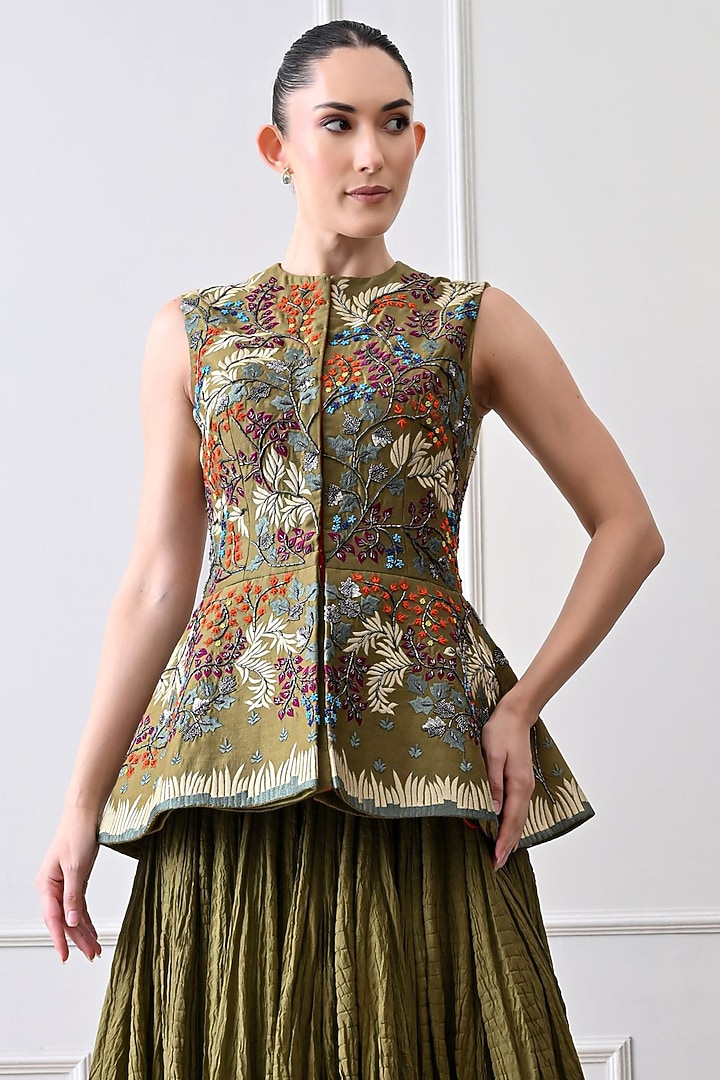 Olive Green Organza Silk Thread Work Peplum Jacket Set by Samant Chauhan at Pernia's Pop Up Shop