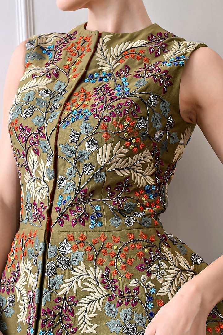 Olive Green Organza Silk Thread Work Peplum Jacket Set by Samant Chauhan at Pernia's Pop Up Shop