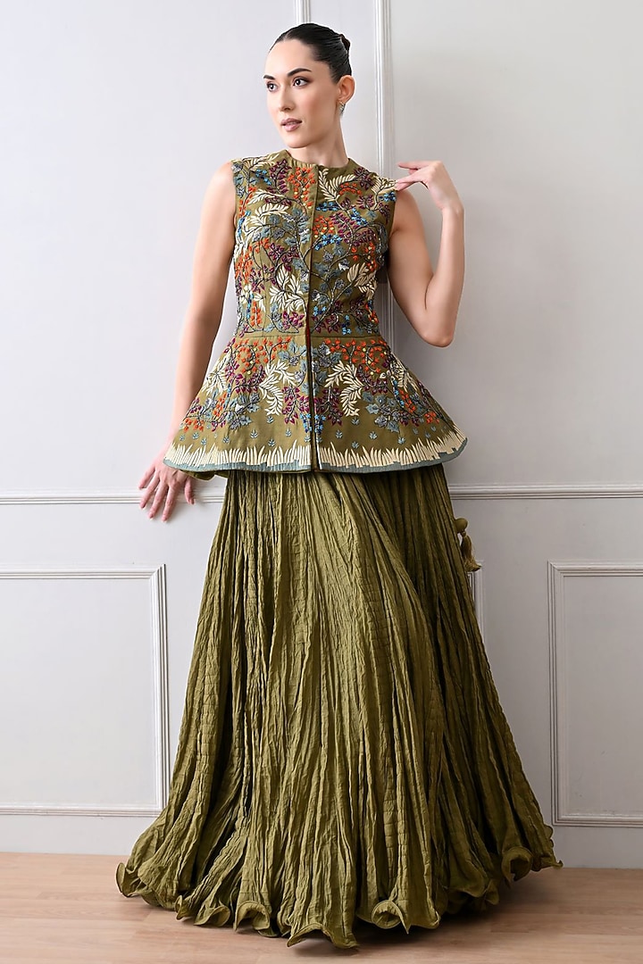 Olive Green Organza Silk Thread Work Peplum Jacket Set by Samant Chauhan at Pernia's Pop Up Shop