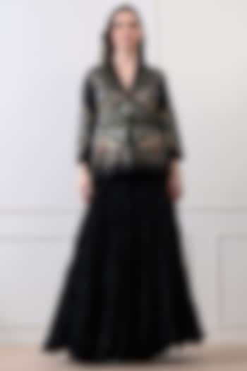 Black Chanderi Zardosi Embroidered Jacket Set by Samant Chauhan at Pernia's Pop Up Shop