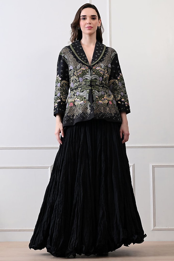 Black Chanderi Zardosi Embroidered Jacket Set by Samant Chauhan at Pernia's Pop Up Shop