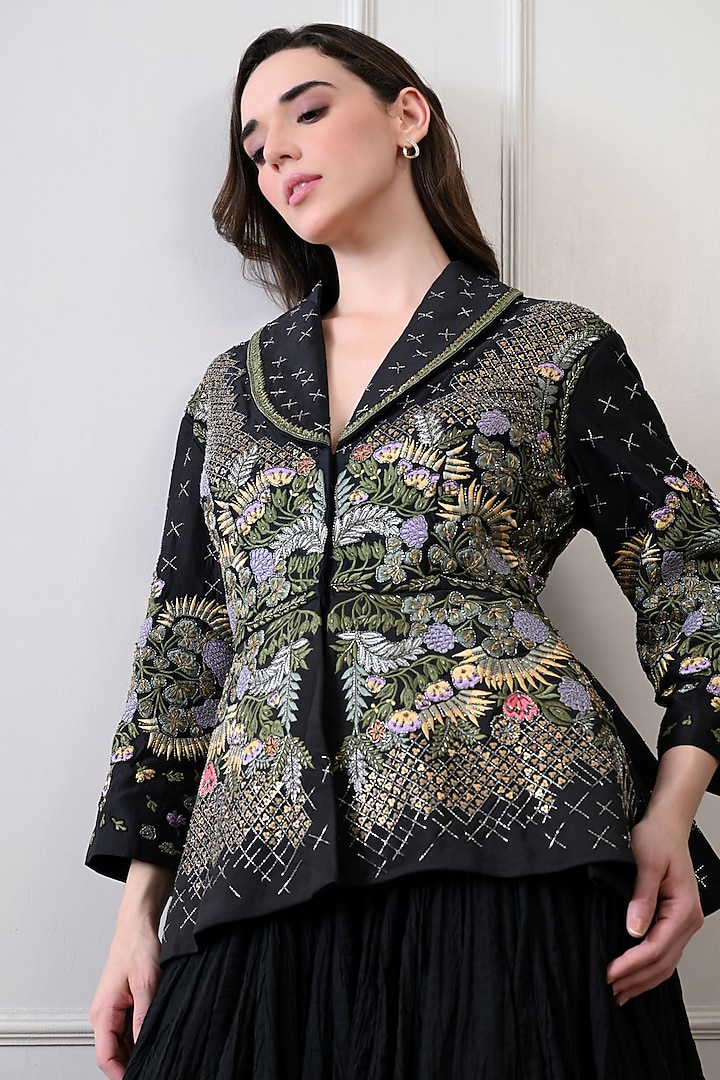 Black Chanderi Zardosi Embroidered Jacket Set by Samant Chauhan at Pernia's Pop Up Shop