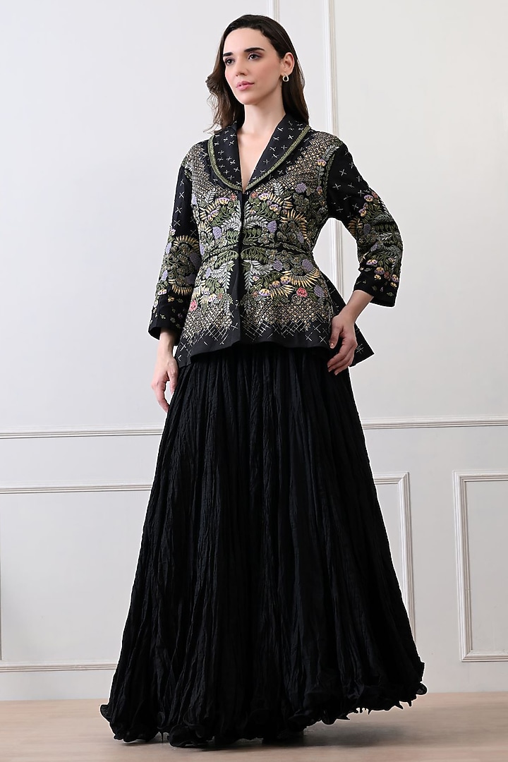 Black Chanderi Zardosi Embroidered Jacket Set by Samant Chauhan at Pernia's Pop Up Shop