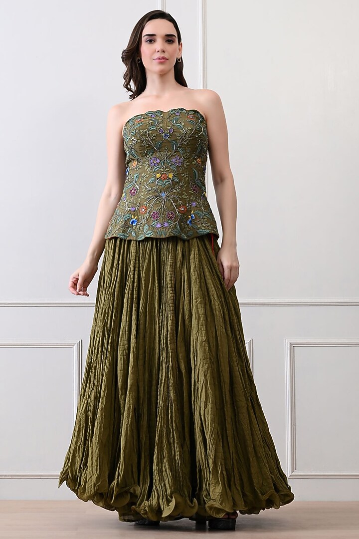 Olive Green Chanderi Skirt Set by Samant Chauhan at Pernia's Pop Up Shop