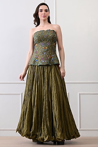 Olive Green Chanderi Skirt Set by Samant Chauhan