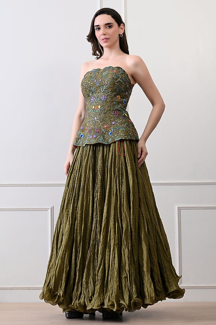 Olive Green Chanderi Skirt Set by Samant Chauhan at Pernia's Pop Up Shop
