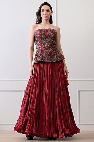 Maroon Chanderi Skirt Set by Samant Chauhan