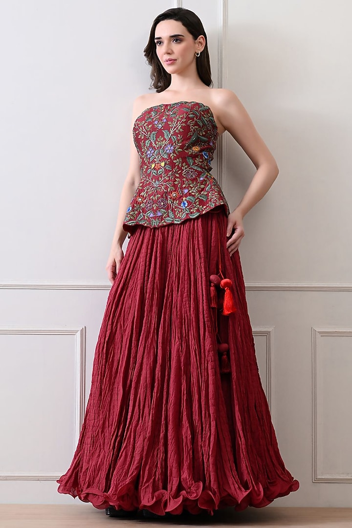 Maroon Chanderi Skirt Set by Samant Chauhan at Pernia's Pop Up Shop