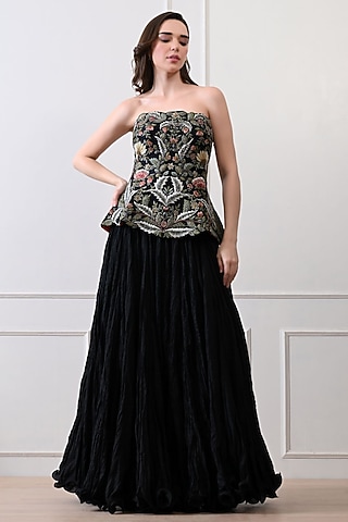 Black Organza & Chanderi Skirt Set by Samant Chauhan