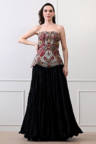 Black Organza & Chanderi Skirt Set by Samant Chauhan