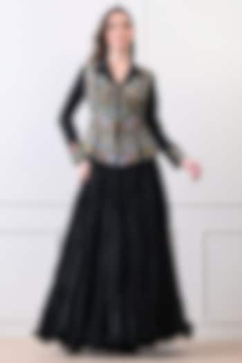 Black Chanderi & Organza Zardosi Embroidered Jacket Set by Samant Chauhan at Pernia's Pop Up Shop