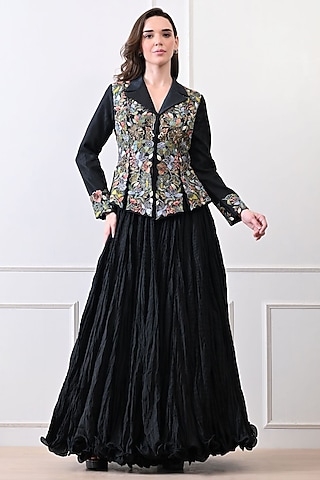 Black Chanderi & Organza Zardosi Embroidered Jacket Set by Samant Chauhan