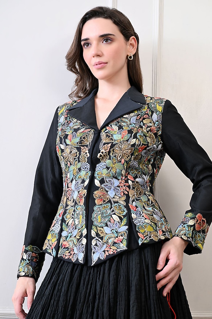 Black Chanderi & Organza Zardosi Embroidered Jacket Set by Samant Chauhan at Pernia's Pop Up Shop