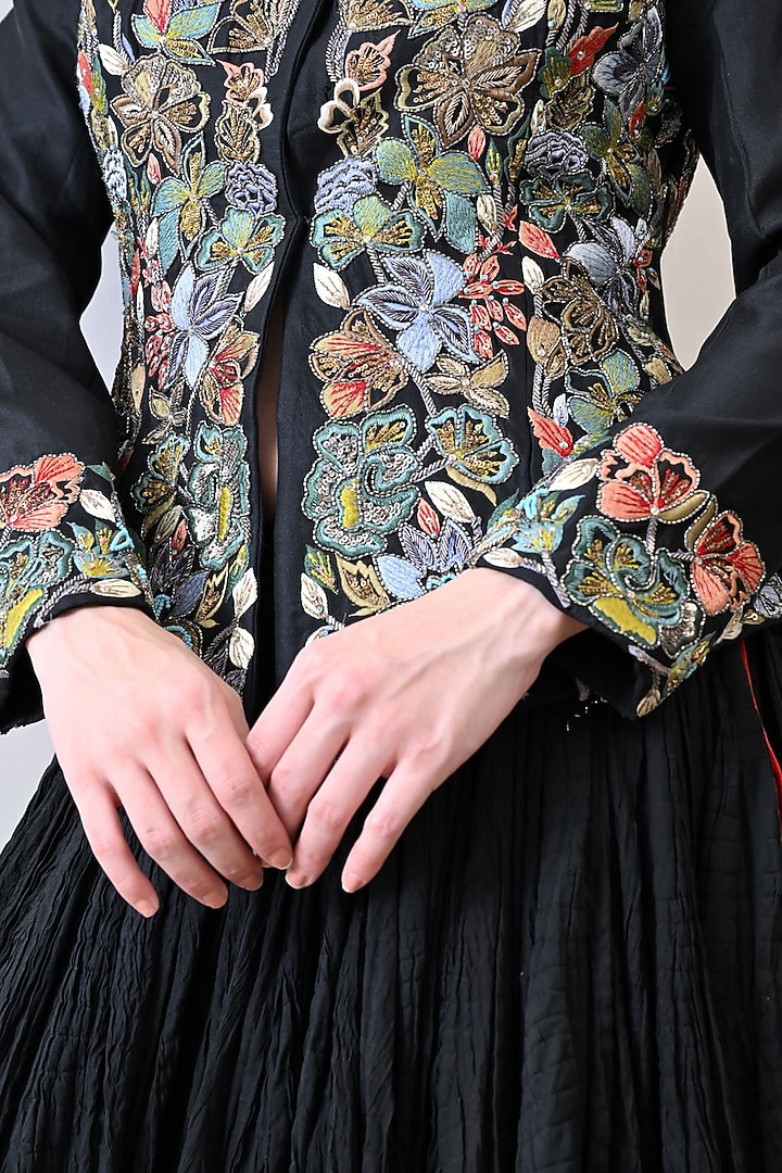Black Chanderi & Organza Zardosi Embroidered Jacket Set by Samant Chauhan at Pernia's Pop Up Shop