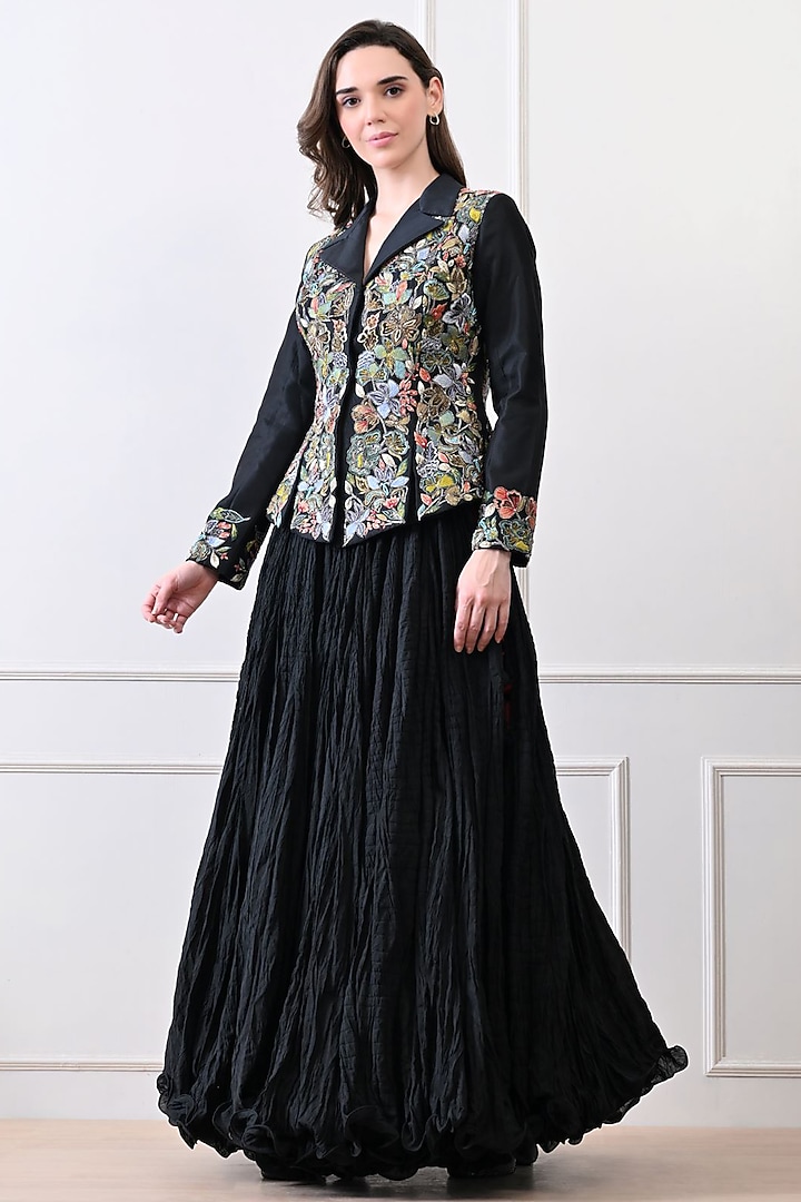 Black Chanderi & Organza Zardosi Embroidered Jacket Set by Samant Chauhan at Pernia's Pop Up Shop