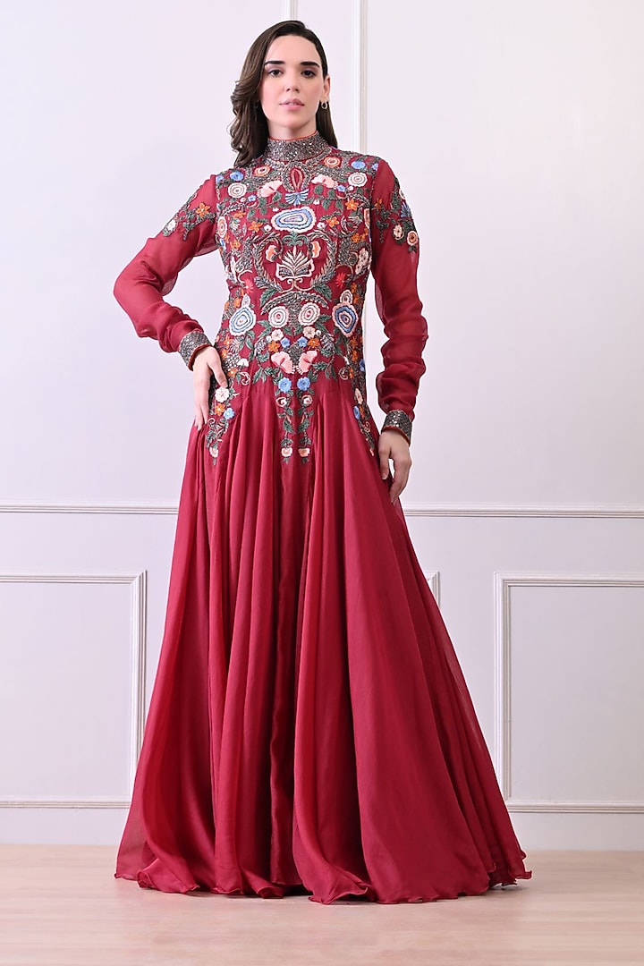 Maroon Chanderi Zardosi Work Maxi Party Wear Dress by Samant Chauhan at Pernia's Pop Up Shop