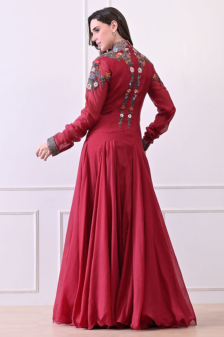 Maroon Chanderi Zardosi Work Maxi Party Wear Dress by Samant Chauhan at Pernia's Pop Up Shop