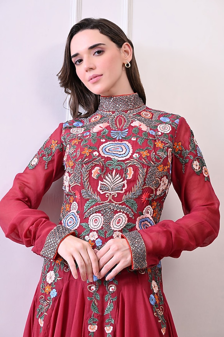 Maroon Chanderi Zardosi Work Maxi Party Wear Dress by Samant Chauhan at Pernia's Pop Up Shop