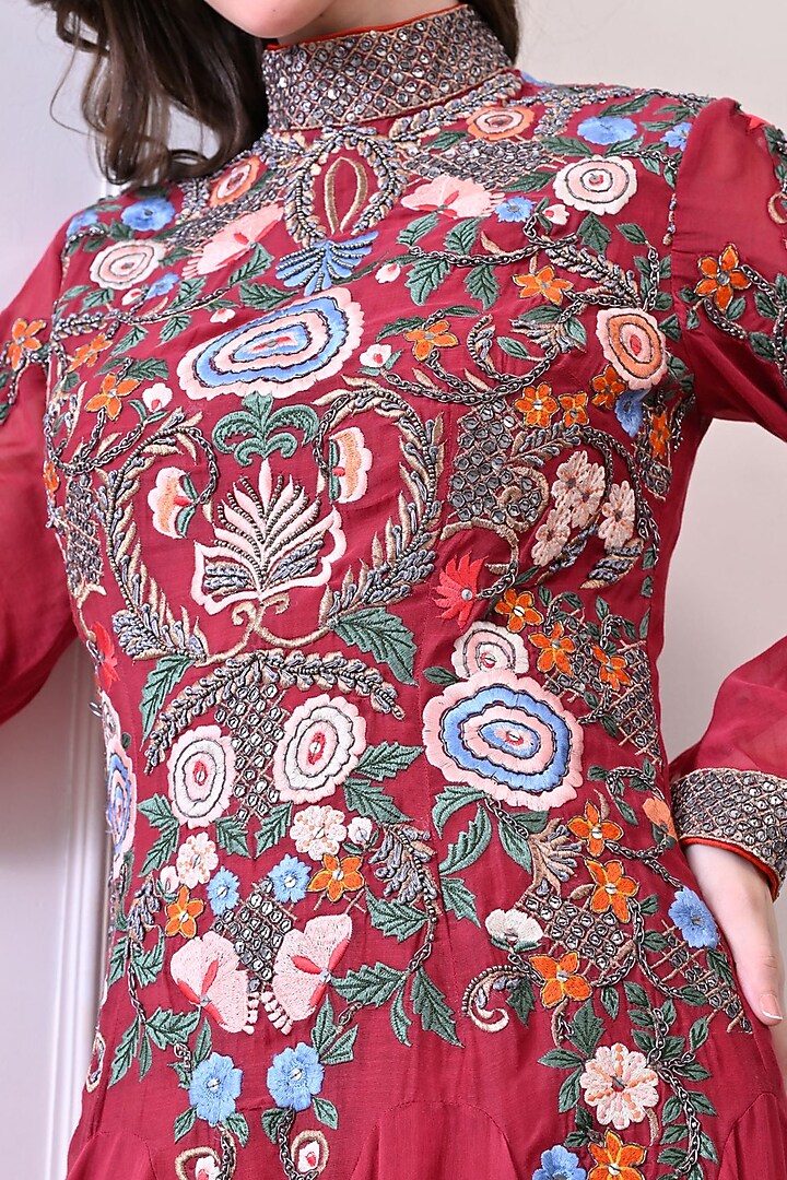 Maroon Chanderi Zardosi Work Maxi Party Wear Dress by Samant Chauhan at Pernia's Pop Up Shop