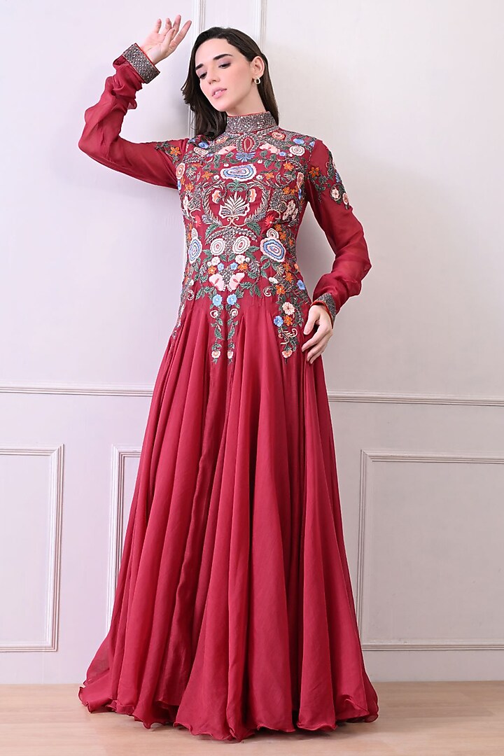 Maroon Chanderi Zardosi Work Maxi Party Wear Dress by Samant Chauhan at Pernia's Pop Up Shop