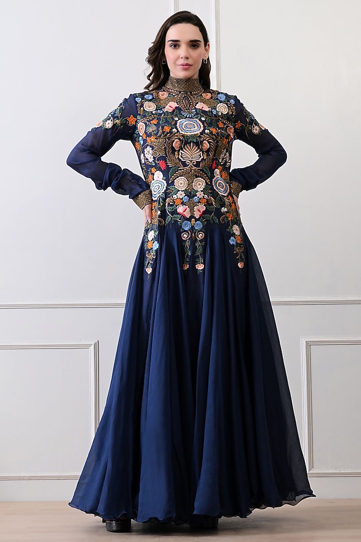 Blue Chanderi Zardosi Work Maxi Party Wear Dress by Samant Chauhan at Pernia's Pop Up Shop