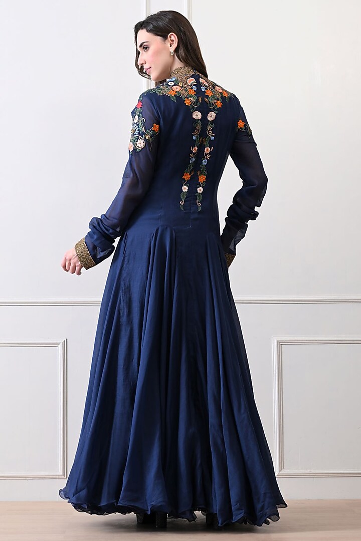 Blue Chanderi Zardosi Work Maxi Party Wear Dress by Samant Chauhan at Pernia's Pop Up Shop