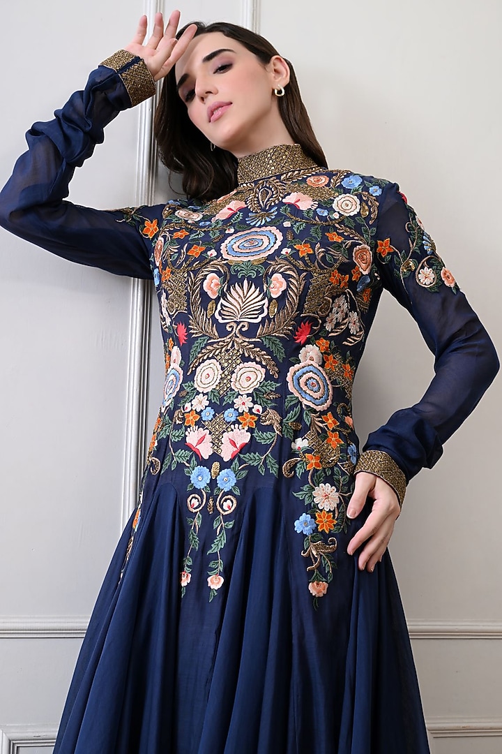 Blue Chanderi Zardosi Work Maxi Party Wear Dress by Samant Chauhan at Pernia's Pop Up Shop