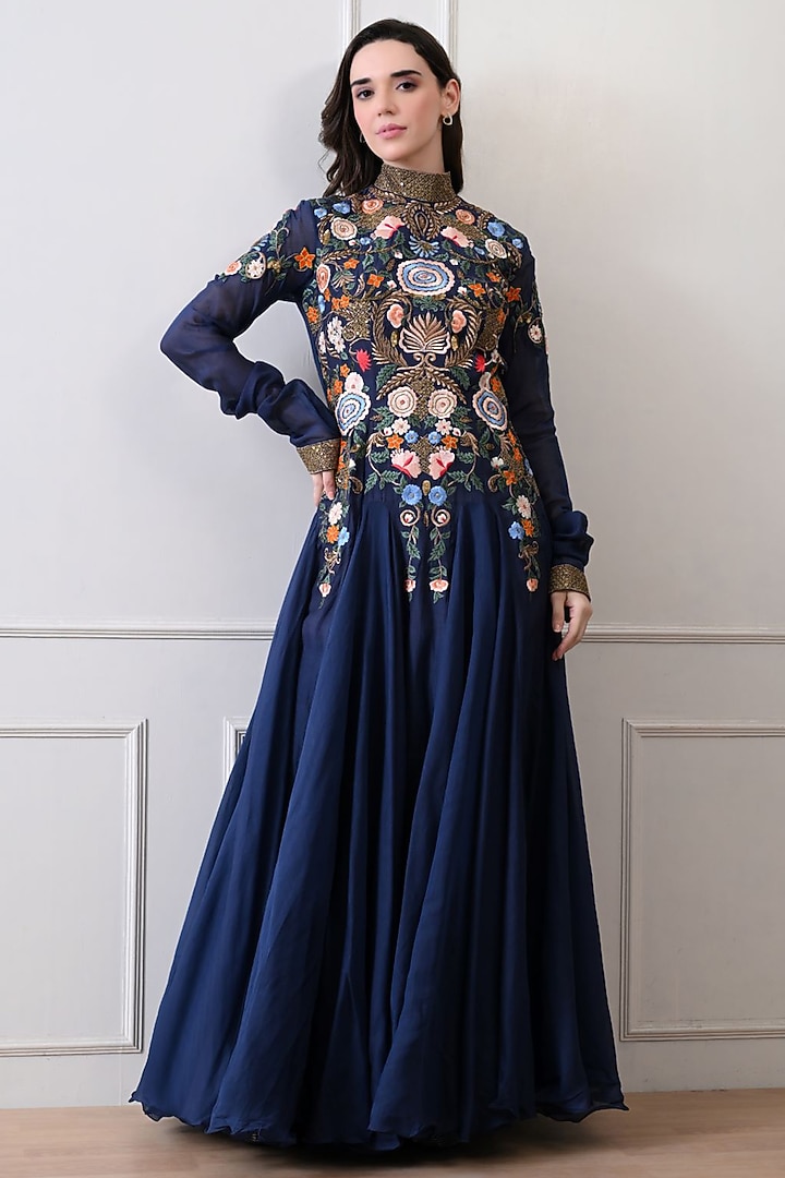 Blue Chanderi Zardosi Work Maxi Party Wear Dress by Samant Chauhan at Pernia's Pop Up Shop