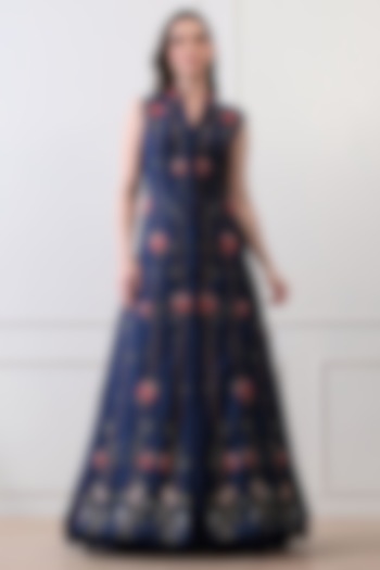 Blue Net Silk Thread Embroidered Jacket Set by Samant Chauhan at Pernia's Pop Up Shop