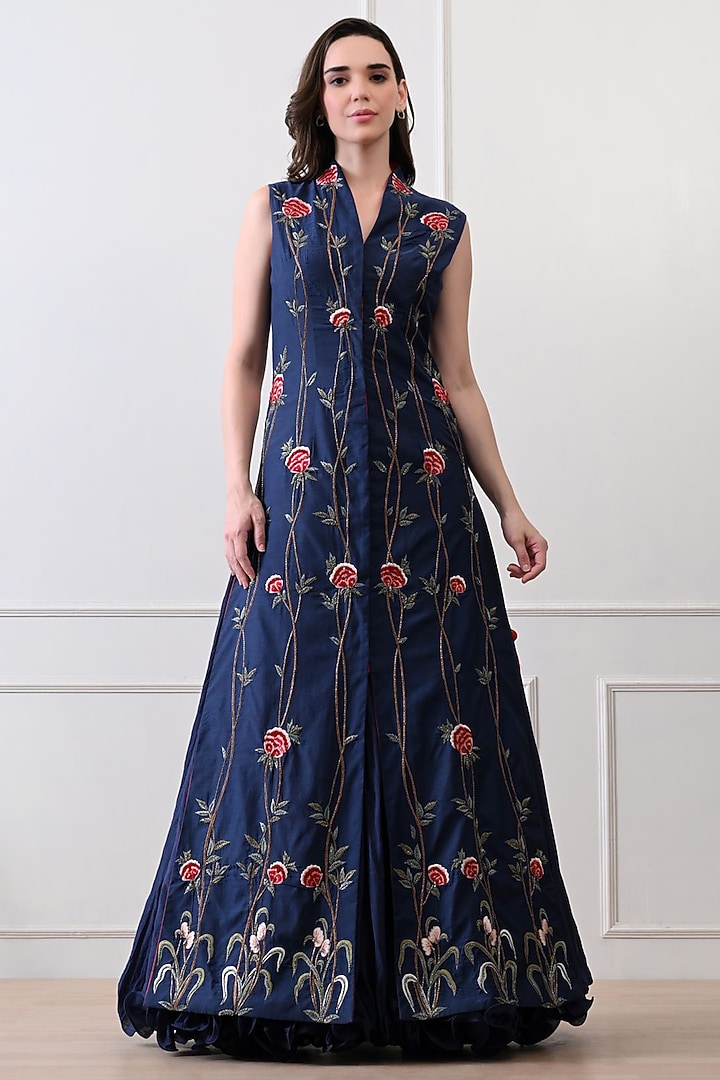 Blue Net Silk Thread Embroidered Jacket Set by Samant Chauhan at Pernia's Pop Up Shop