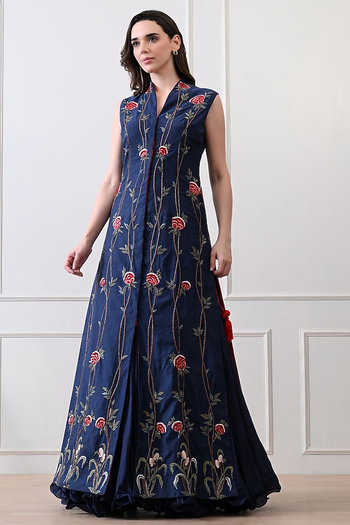 Blue Net Silk Thread Embroidered Jacket Set by Samant Chauhan at Pernia's Pop Up Shop