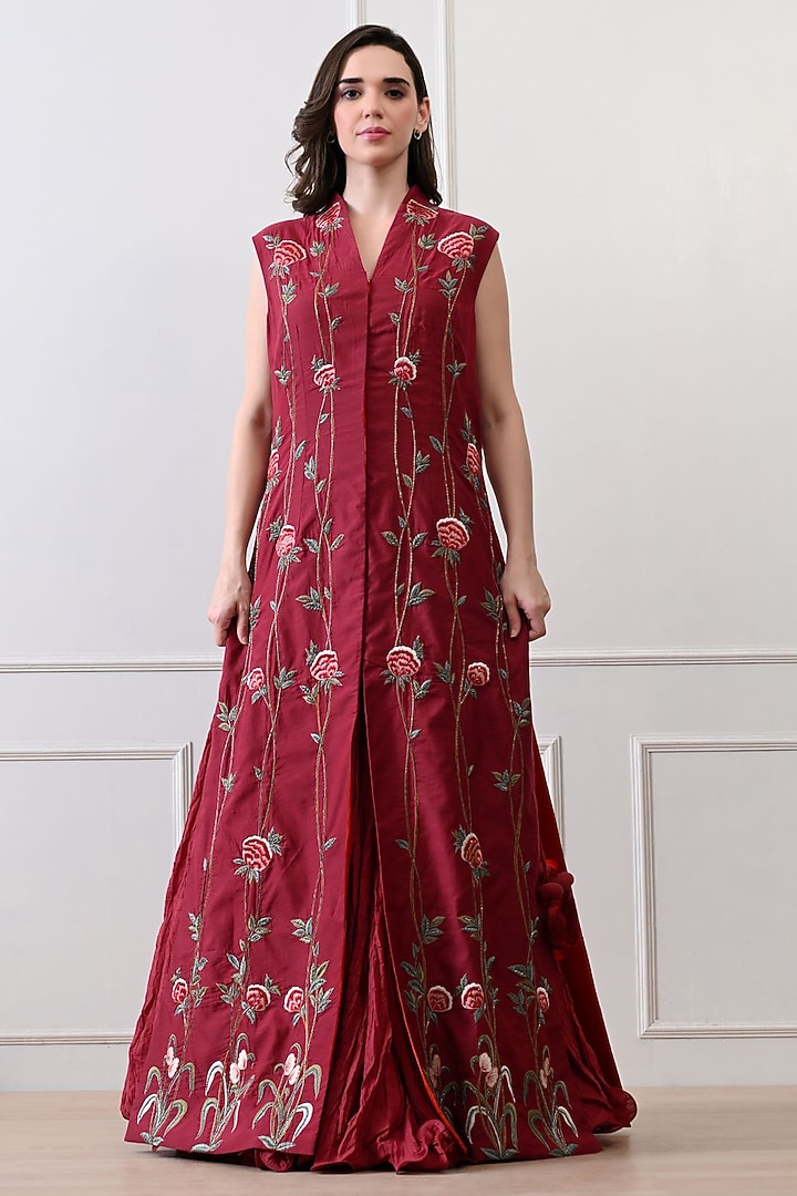 Maroon Net Silk Thread Embroidered Jacket Set by Samant Chauhan at Pernia's Pop Up Shop