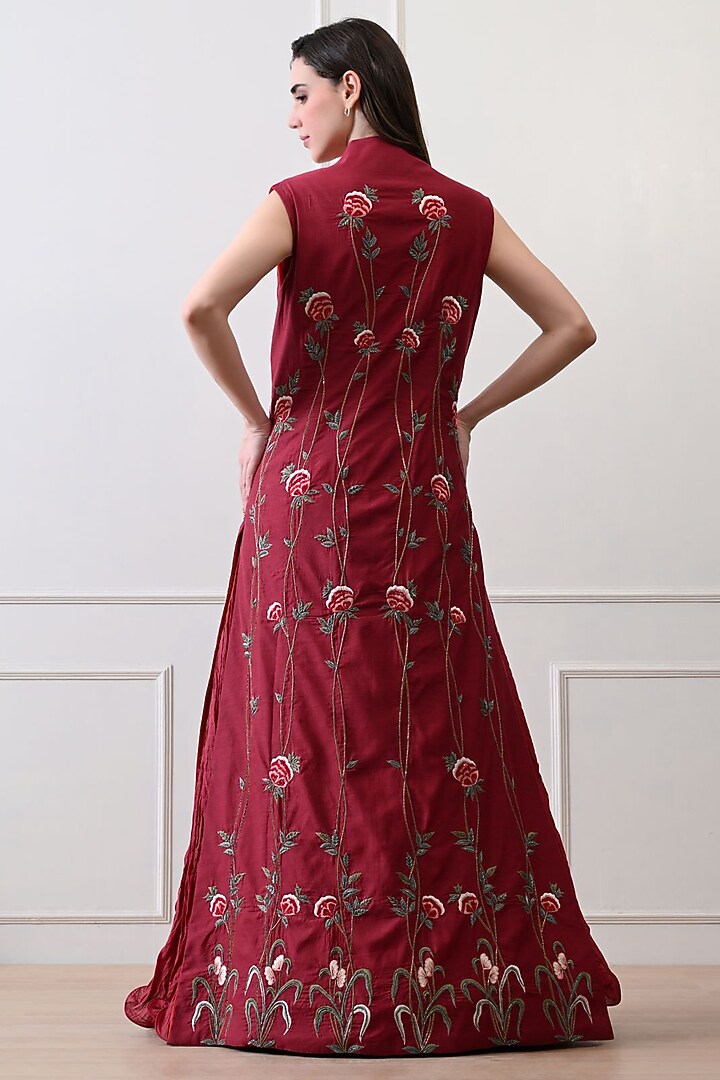 Maroon Net Silk Thread Embroidered Jacket Set by Samant Chauhan at Pernia's Pop Up Shop
